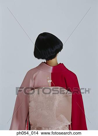 Picture - Japanese woman in kimono, rear view . Fotosearch