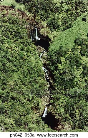 Stock Image - USA, Hawaii, Big Island, waterfall, aerial view . Fotosearch