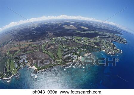 Stock Image - Cityscape coastline of Big Island, Hawaii, fisheye view. Fotosearch
