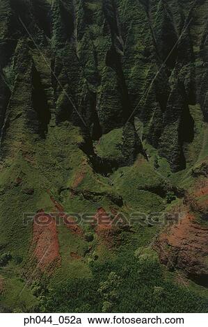 Stock Image - Aerial view of a lush green mountain, Kauai, Hawaii. Fotosearch