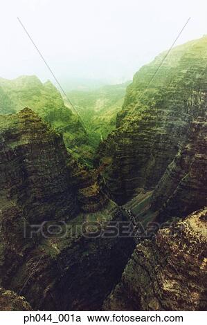 Stock Image - Aerial view of a rocky mountain range, Kauai, Hawaii. Fotosearch