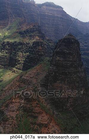 Stock Image - Aerial view of a rocky mountain range, Kauai, Hawaii. Fotosearch