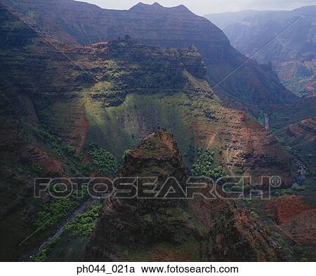 Stock Image - Aerial view of a rocky mountain range, Kauai, Hawaii. Fotosearch