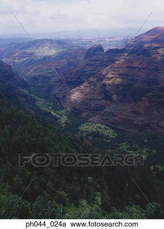 Stock Image - Aerial view of a rocky mountain range, Kauai, Hawaii. Fotosearch