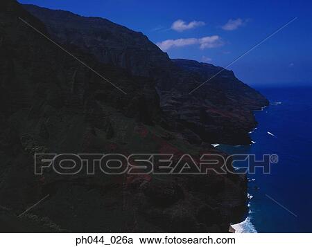 Stock Image - USA, Hawaii, Kauai, mountainous coastline, aerial view. Fotosearch