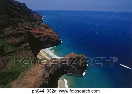 Stock Image - USA, Hawaii, Kauai, mountainous coastline, aerial view. Fotosearch