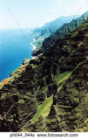 Stock Image - USA, Hawaii, Kauai, mountainous coastline, aerial view. Fotosearch
