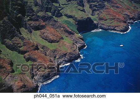 Stock Image - USA, Hawaii, Kauai, mountainous coastline, aerial view. Fotosearch