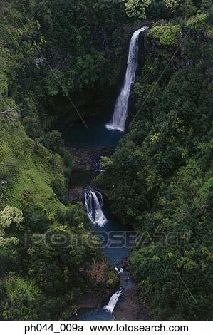 Stock Image - USA, Hawaii, Kauai, Waterfall and lush hillside . Fotosearch