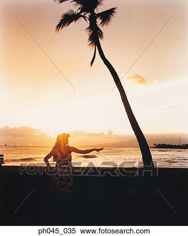 Silhouette of a female hula dancing outdoors at sunset. View Large Photo Image Stock Photography - Silhouette of a female hula dancing outdoors at sunset. . Fotosearch