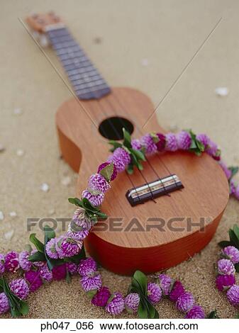 Stock Photograph - Ukelele and garland, elevated view. Fotosearch