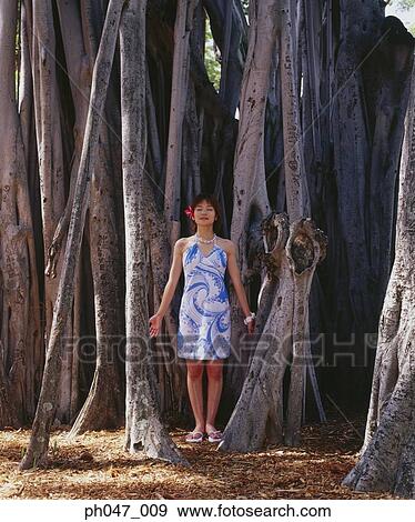 Young woman standing in front of old growth tree View Large Photo Image Stock Photo - Young woman standing in front of old growth tree. Fotosearch