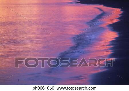 Stock Photograph - Reflection of pink sunset on tide, close up. Fotosearch