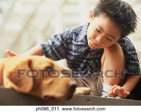 Young boy petting dog View Large Photo Image Stock Image - Young boy petting dog. Fotosearch