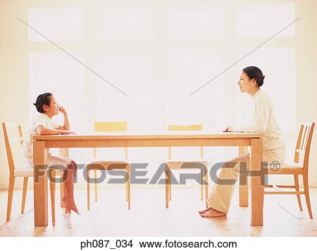 Mother and daughter sitting at opposite ends of table, profile View Large Photo Image Picture - Mother and daughter sitting at opposite ends of table, profile . Fotosearch