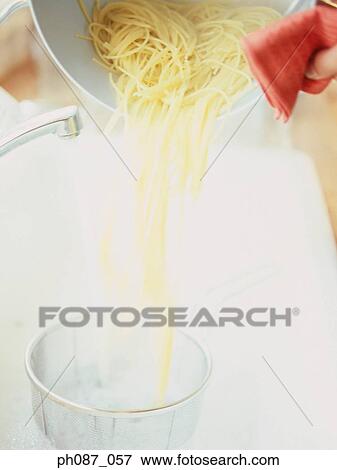 Pouring water and pasta in colander View Large Photo Image Stock Photo - Pouring water and pasta in colander. Fotosearch