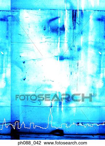 Stock Image - Outline of buildings on blue background. Fotosearch