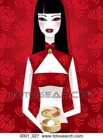 Stock Illustration - Chinese woman serving Chinese dim sum. Fotosearch