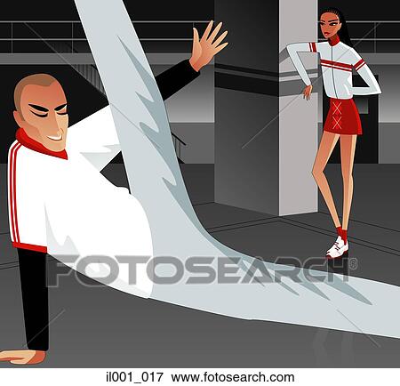 Stock Illustration - Male performing acrobatic stunt, woman watching. Fotosearch