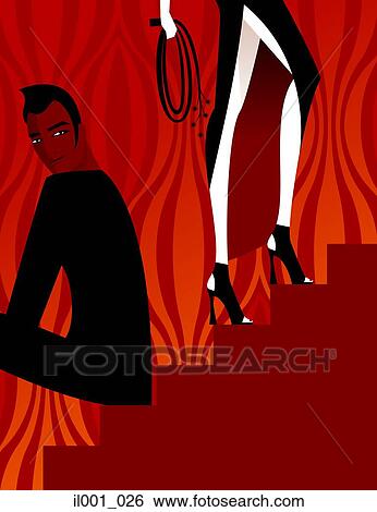 Stock Illustration - Man looking at woman walking up staircase. Fotosearch