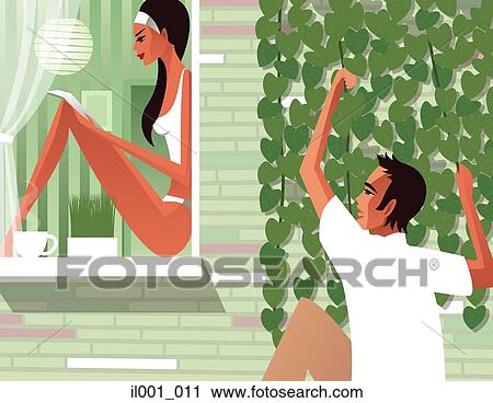 Clip Art - Man peeping woman in swimsuit. Fotosearch