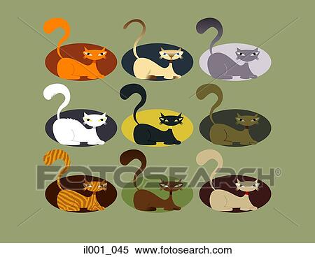 Stock Illustration - Nine cats in various colors. Fotosearch