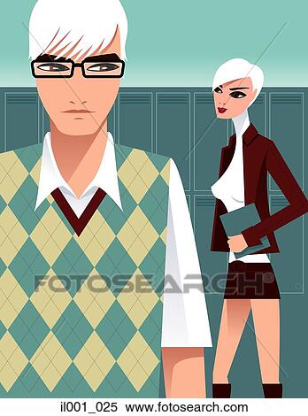 Stock Illustration - Shy man admiring woman in the background. Fotosearch