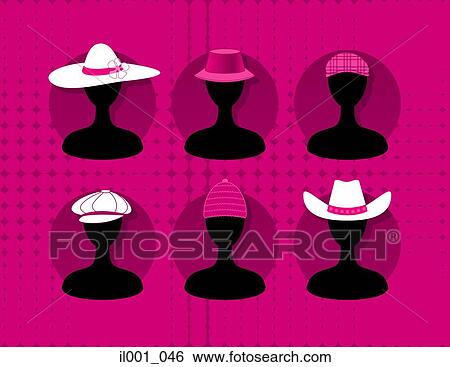 Stock Illustration - Six mannequins wearing hats. Fotosearch