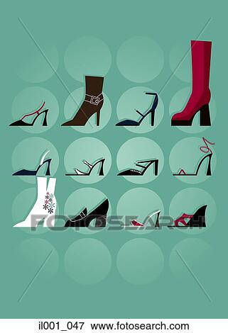 Stock Illustration - Twelve designs of women footwear. Fotosearch