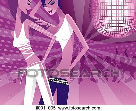 Stock Illustration - Two ladies dancing in discotheque. Fotosearch