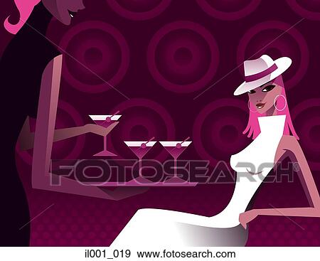 Stock Illustration - Waitress serving woman with cocktail. Fotosearch