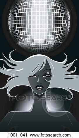 Clip Art - Woman below discothèque crystal ball. Fotosearch