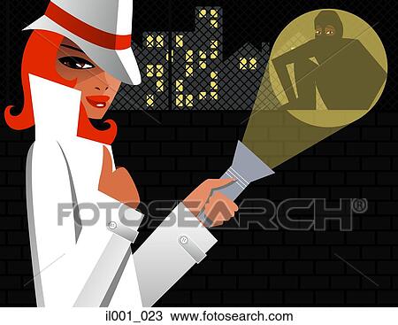 Drawing - Woman detector with touch light shining at burglar. Fotosearch
