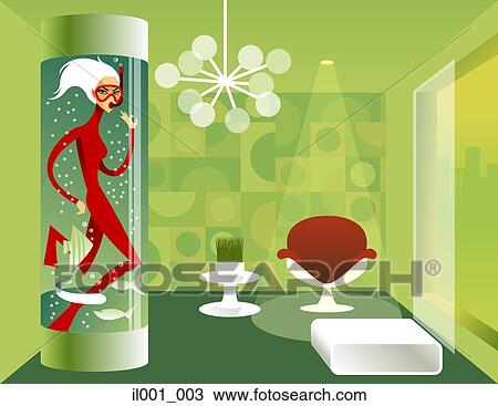 Drawing - Woman diver in vertical fish tank. Fotosearch