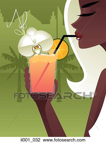 Drawing - Woman drinking cocktail using drinking straw. Fotosearch