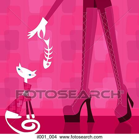 Stock Illustration - Woman feeding domestic cat with fish bones. Fotosearch