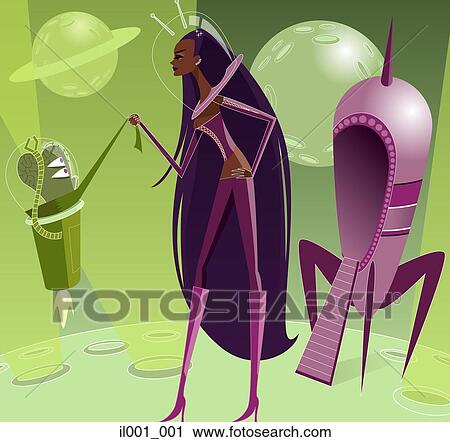 Clip Art - Woman in contact with an alien. Fotosearch