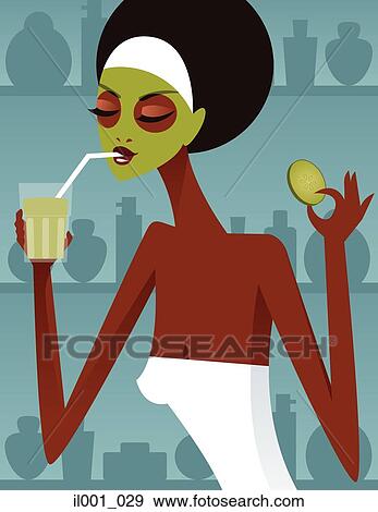 Stock Illustration - Woman in facial mask drinking juice. Fotosearch