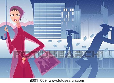 Woman in raincoat holding an umbrella View Large Illustration Stock Illustration - Woman in raincoat holding an umbrella. Fotosearch