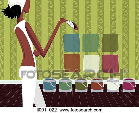 Drawing - Woman painting a wall with various colors. Fotosearch