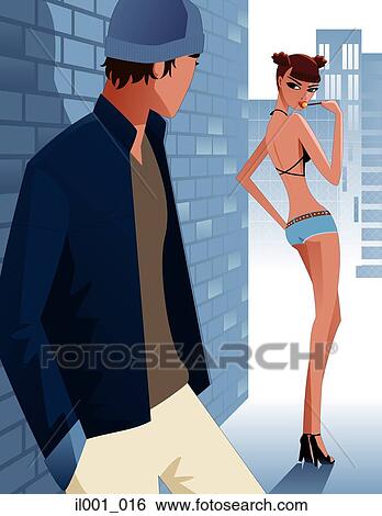 Woman seducing man in an alley View Large Illustration Stock Illustration - Woman seducing man in an alley. Fotosearch