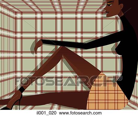 Clipart - Woman sitting in a checked design room. Fotosearch