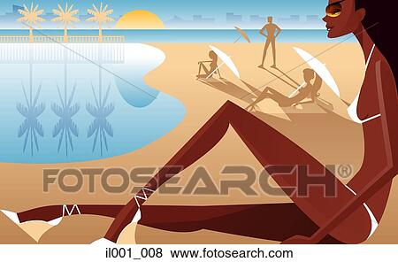 Stock Illustration - Woman sun tanning at the beach. Fotosearch