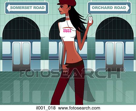 Stock Illustration - Woman waiting in a train station. Fotosearch