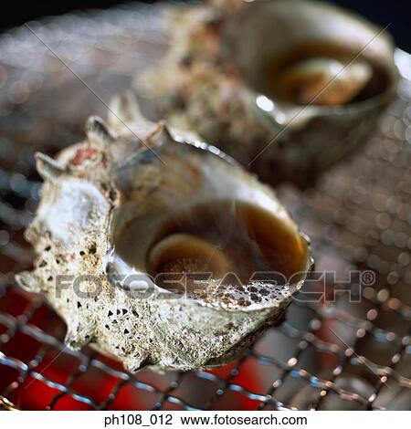 Stock Image - Grilled shellfish over charcoal fire, close-up. Fotosearch