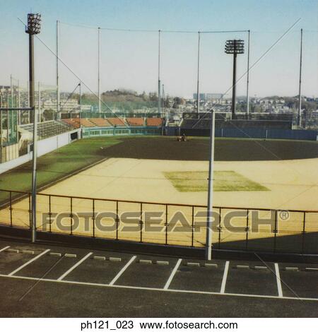 Stock Image - Empty baseball stadium, high angle view. Fotosearch