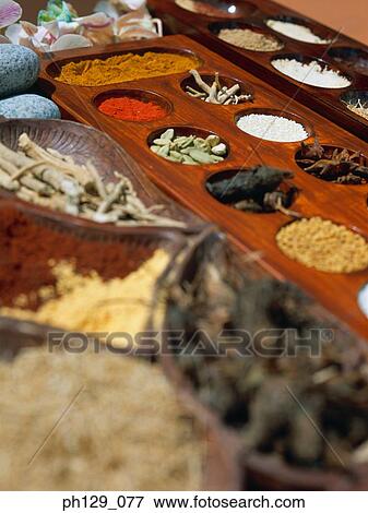 Variety of spa therapy herbs and spices View Large Photo Image Stock Photo - Variety of spa therapy herbs and spices. Fotosearch