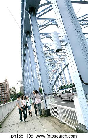 Three young men and two young women walking on a bridge View Large Photo Image Stock Photography - Three young men and two young women walking on a bridge. Fotosearch