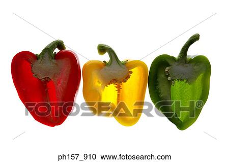 Stock Image - Red, yellow and green pepper, cross section. Fotosearch