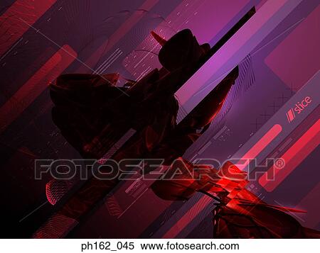 Stock Photography - Digitally generated image of objects against purple and red background. Fotosearch